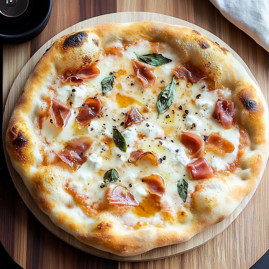 Recipe preparation for White Pizza with Prosciutto & Hot Honey