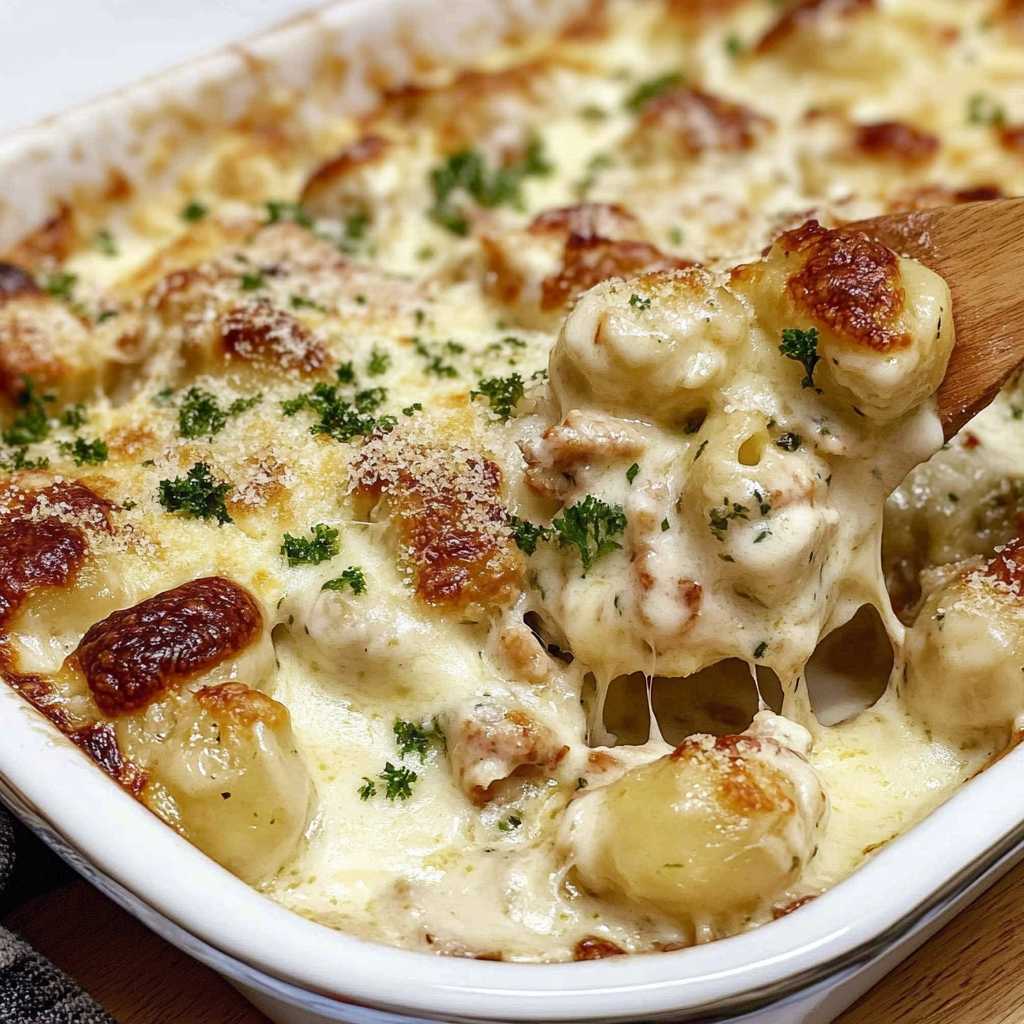 Recipe preparation for Chicken Gnocchi Alfredo Bake