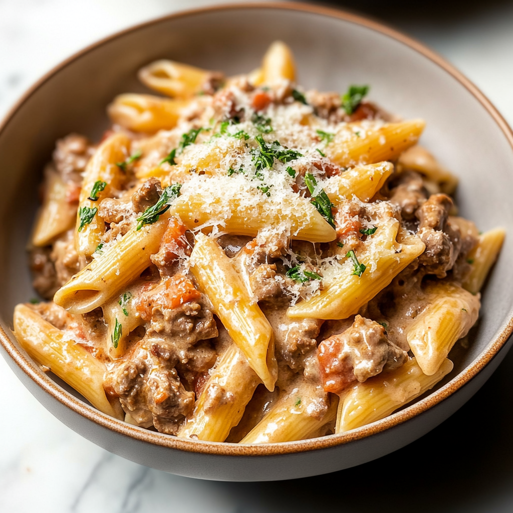 Recipe preparation for Creamy Beef Pasta