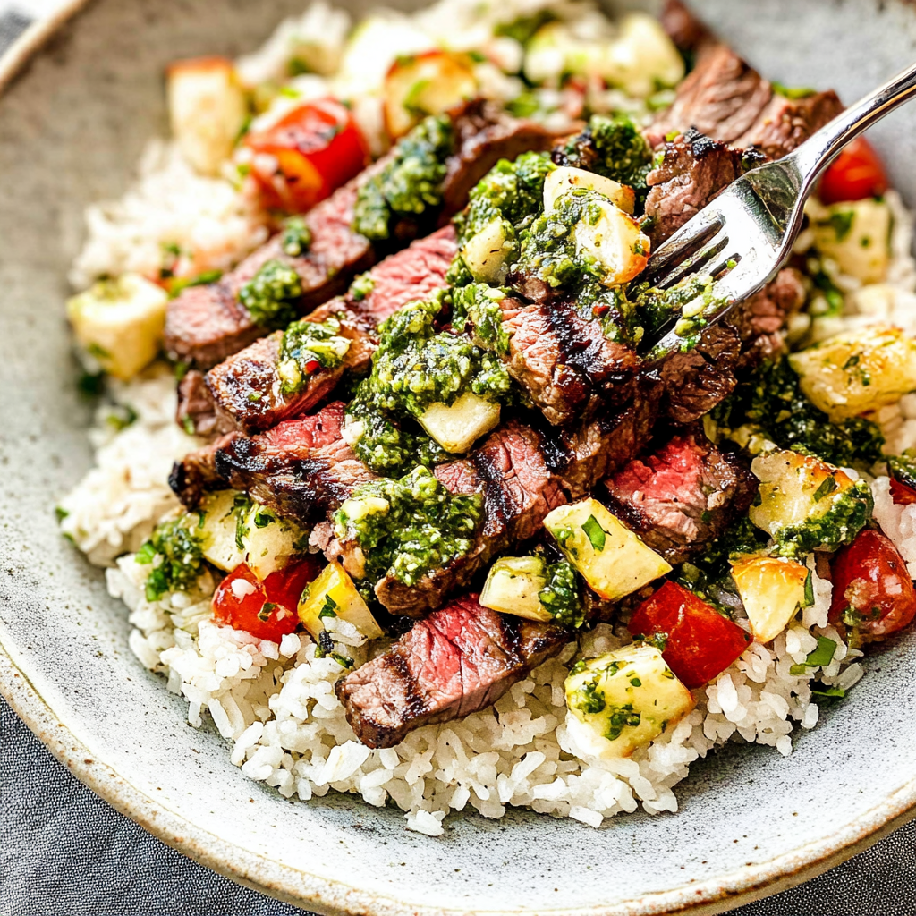 Recipe preparation for Skirt Steak Rice Bowls with Chimichurri Sauce