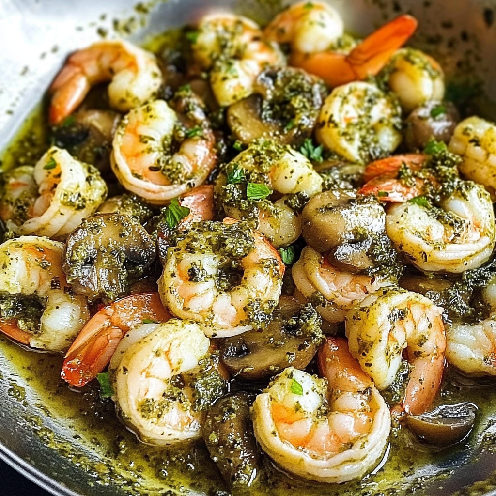 Recipe preparation for Pesto Shrimp with Mushrooms