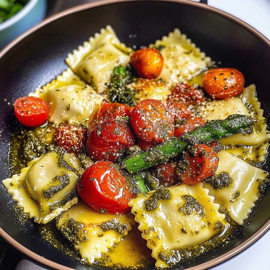 Recipe preparation for Chicken Ravioli with Pesto and Veggies