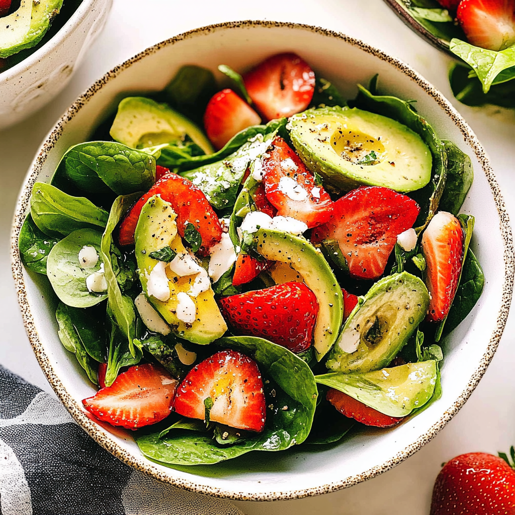Recipe preparation for Summer Strawberry Spinach Salad with Avocado