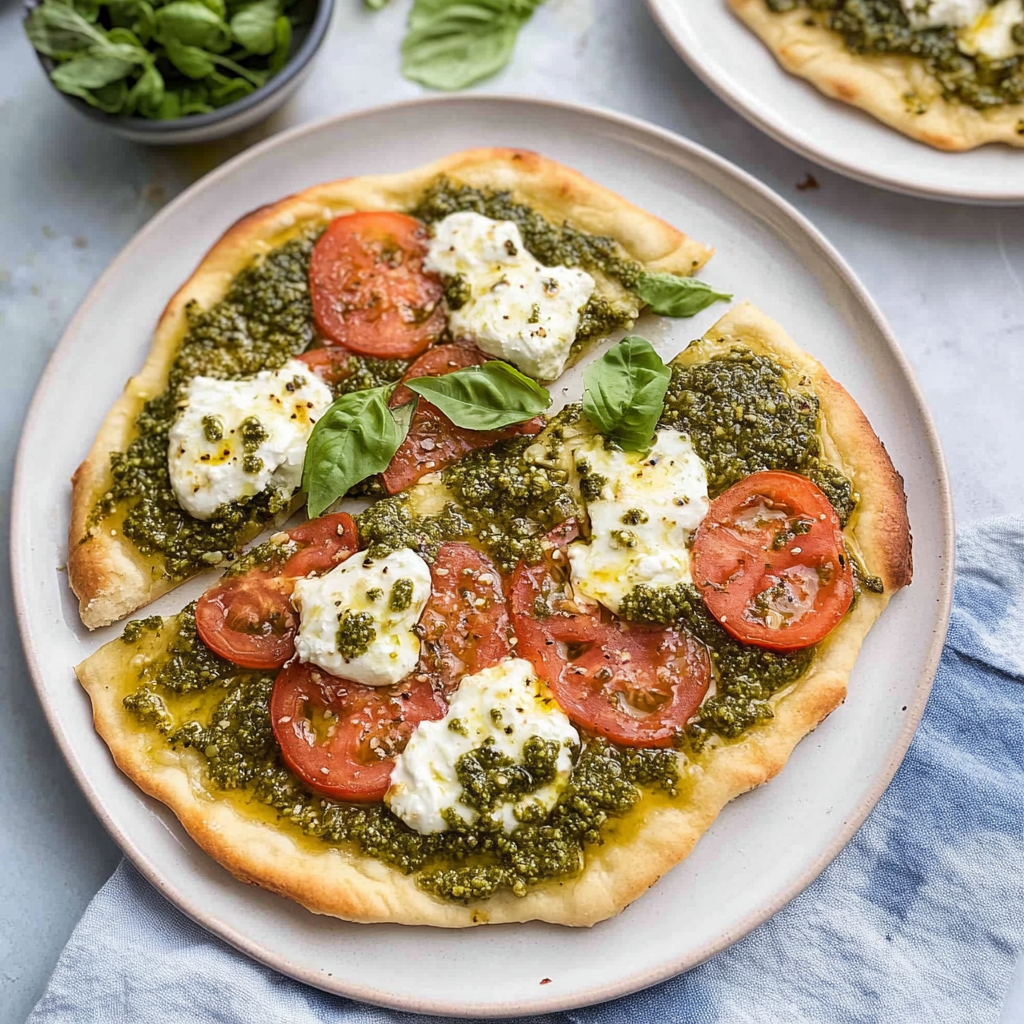 Recipe preparation for Pesto Flatbread Pizza