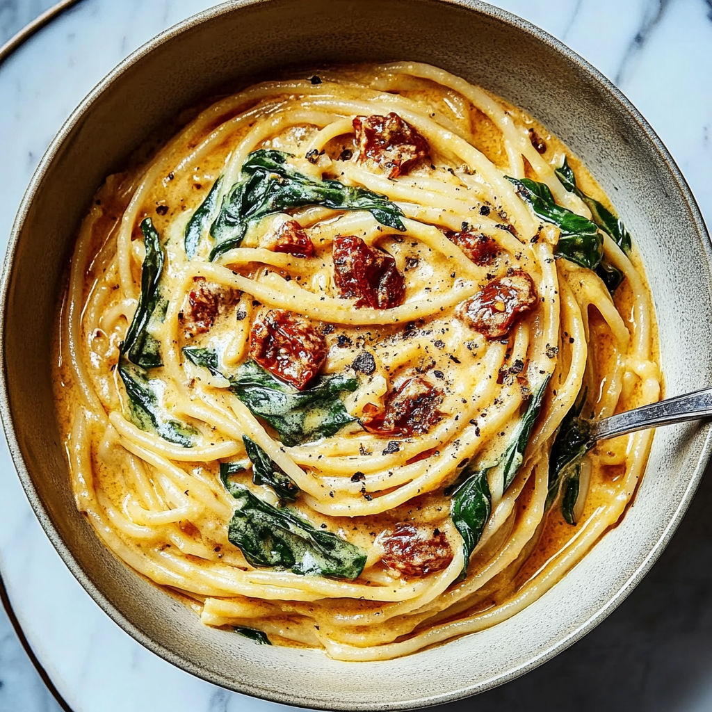 Recipe preparation for Creamy Sun-Dried Tomato Spaghetti with Spinach