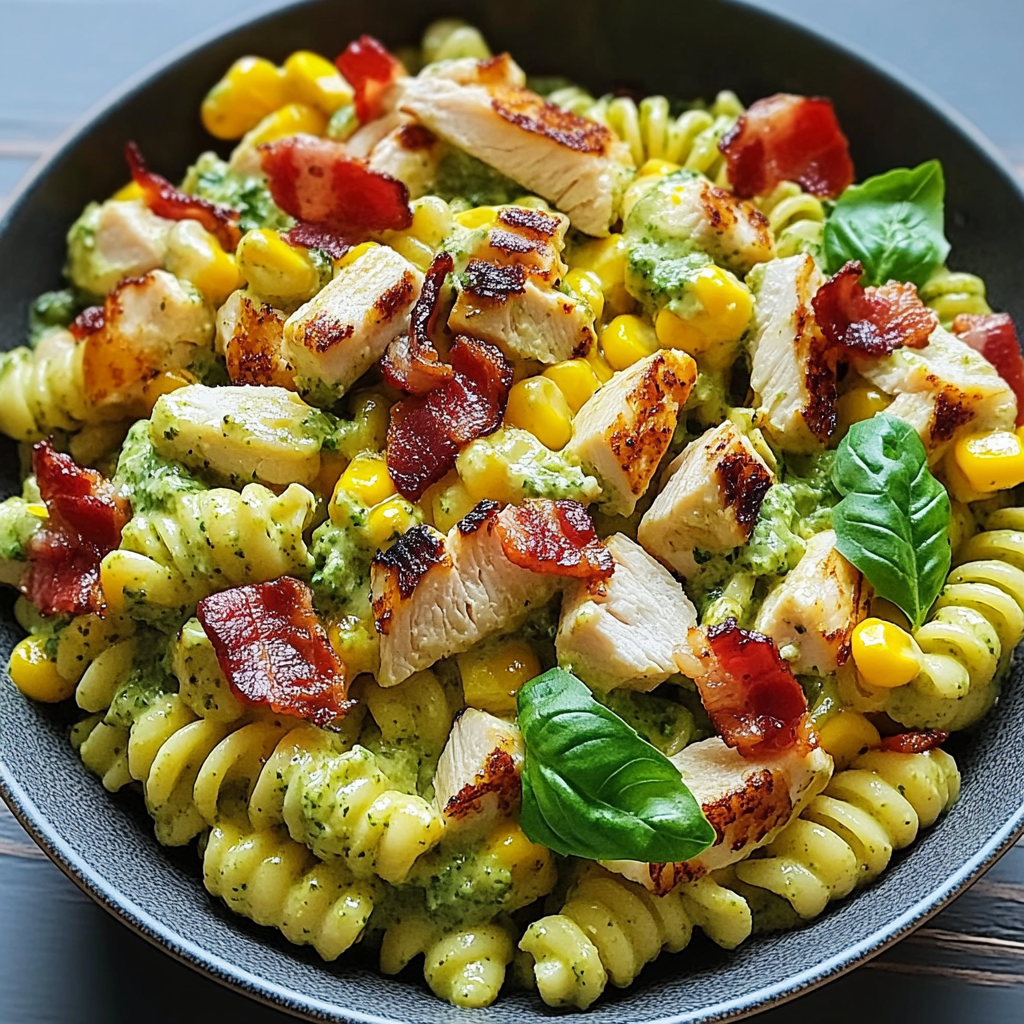 Recipe preparation for Chicken Corn Pasta Salad with Creamy Pesto and Bacon