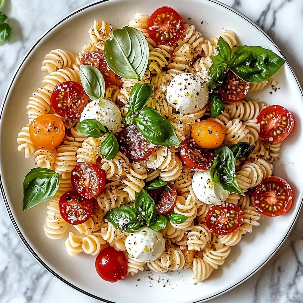 Recipe preparation for Caprese Pasta Salad with Fresh Mozzarella