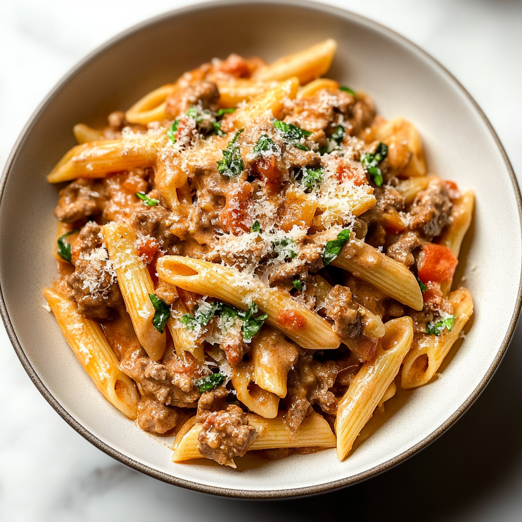 Recipe preparation for Creamy Beef Pasta