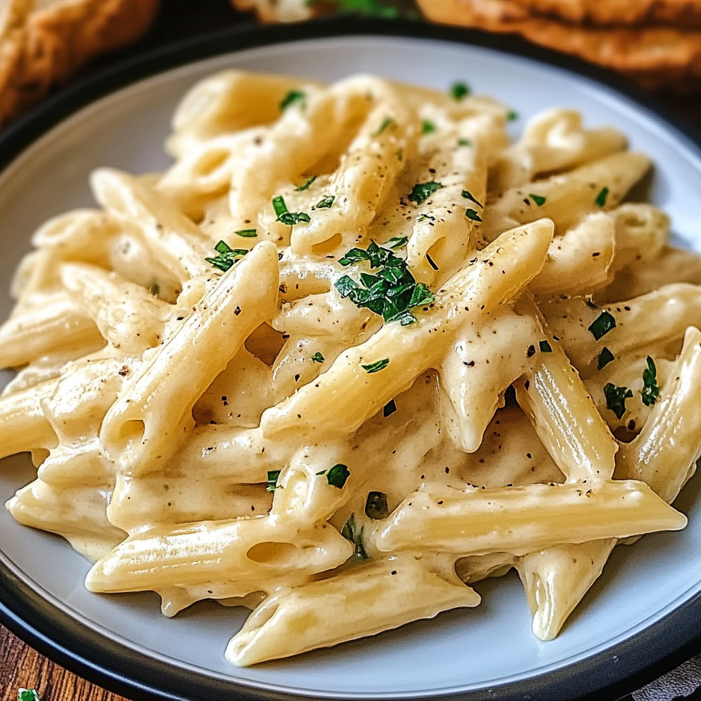 Recipe preparation for Creamy Garlic Penne Pasta