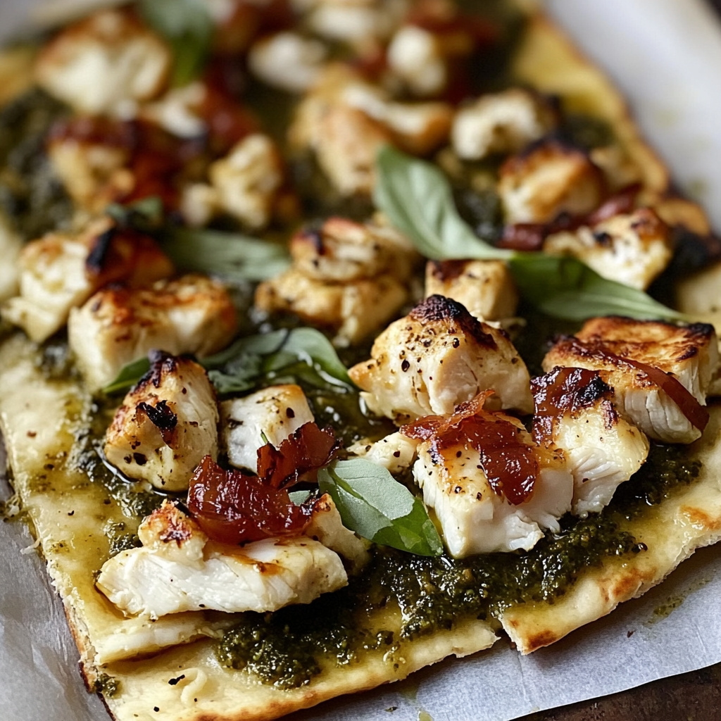 Recipe preparation for Pesto Chicken Flatbread