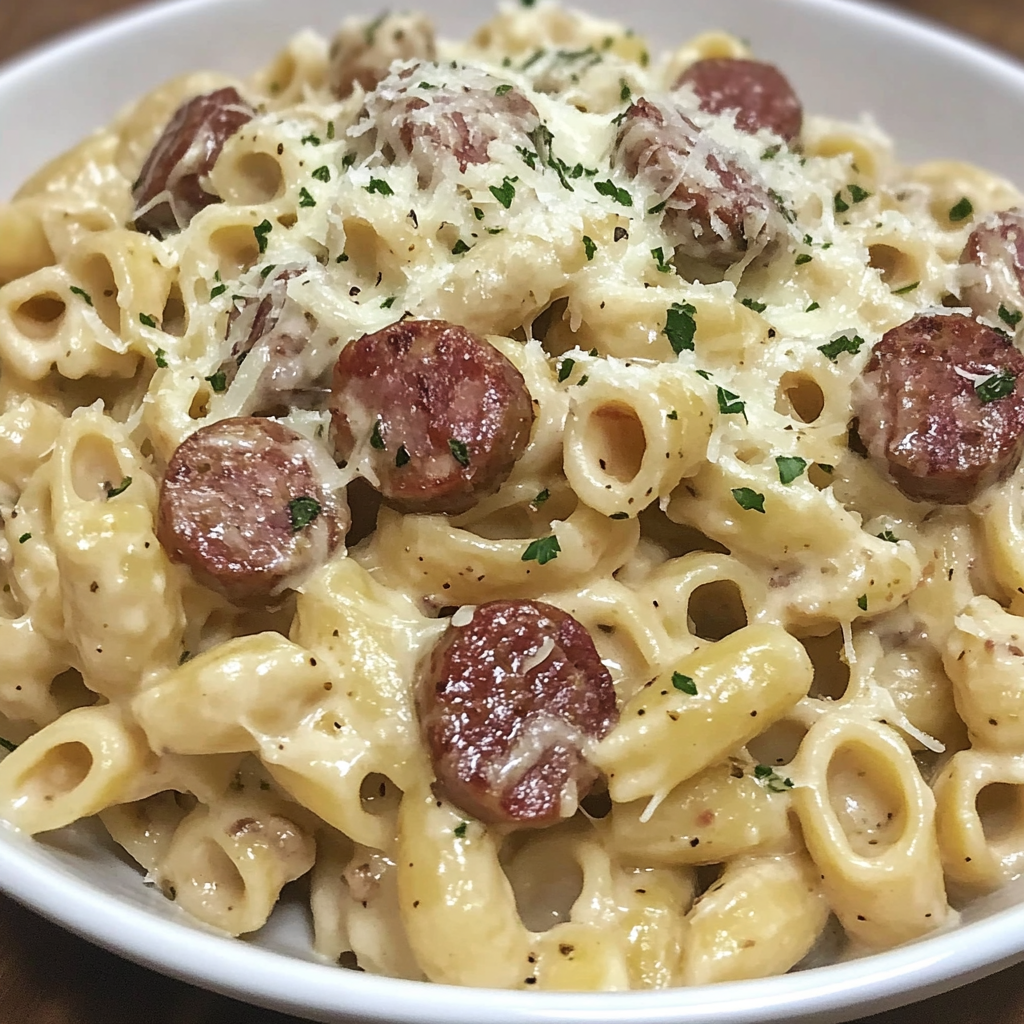 Recipe preparation for Smoked Sausage Alfredo Pasta