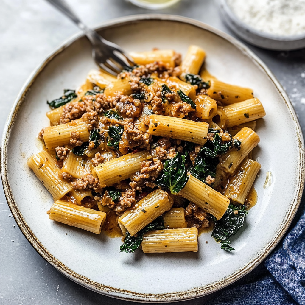 Recipe preparation for Savory Sausage and Kale Rigatoni