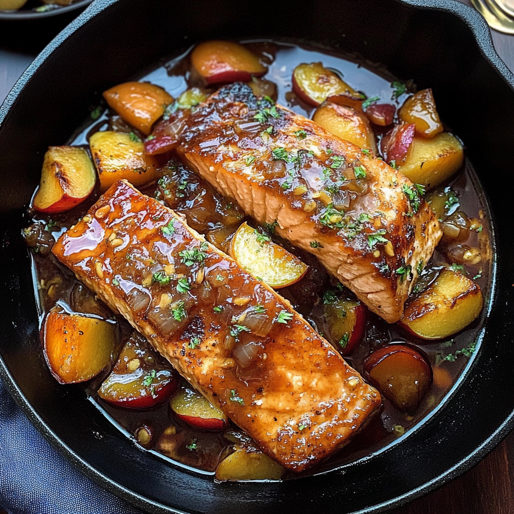 Recipe preparation for Bourbon Peach Roasted Salmon
