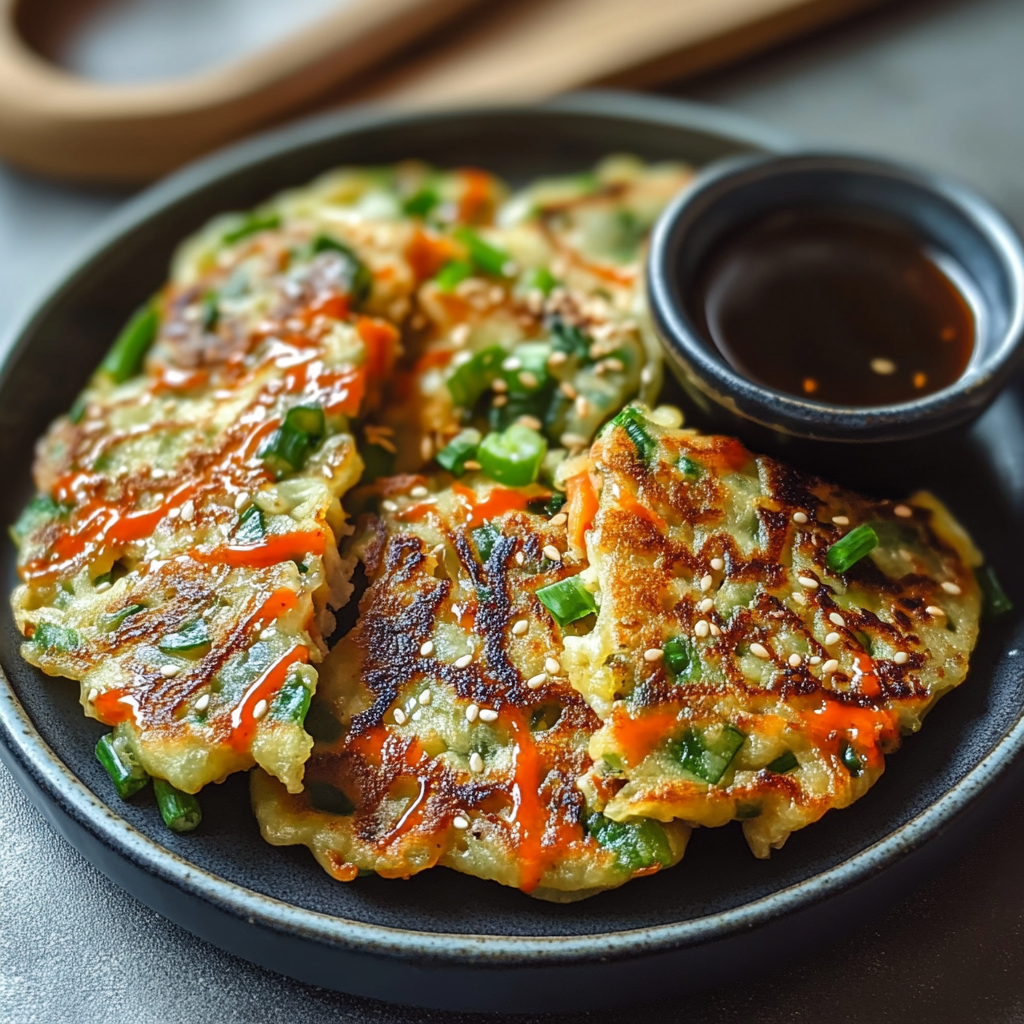 Recipe preparation for Veggie Pancakes with Asian Dipping Sauce