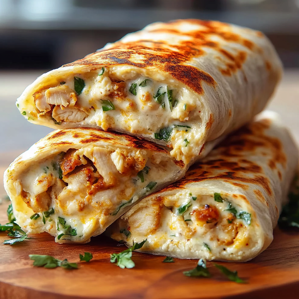 Recipe preparation for Cheesy Garlic Chicken Wraps