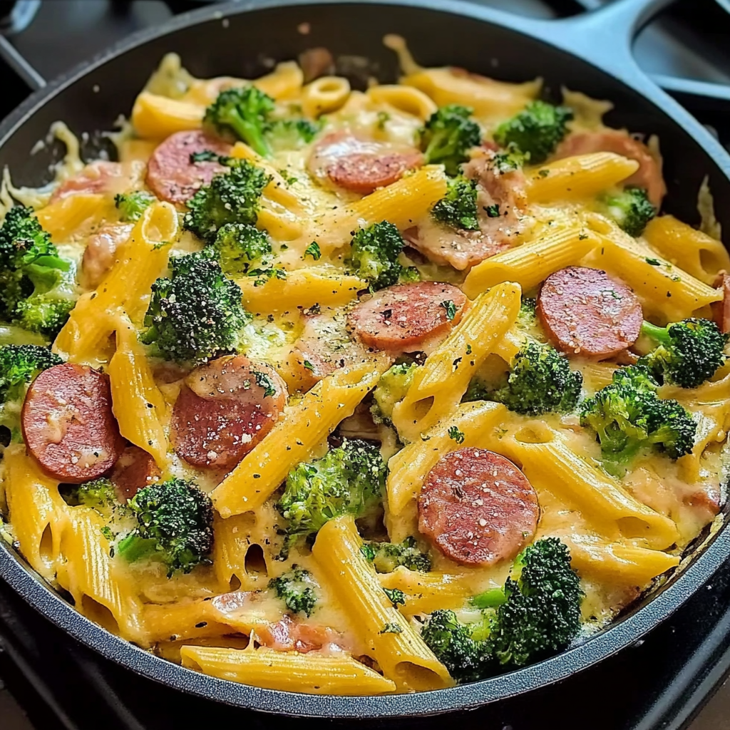 Recipe preparation for Creamy Kielbasa Broccoli Skillet