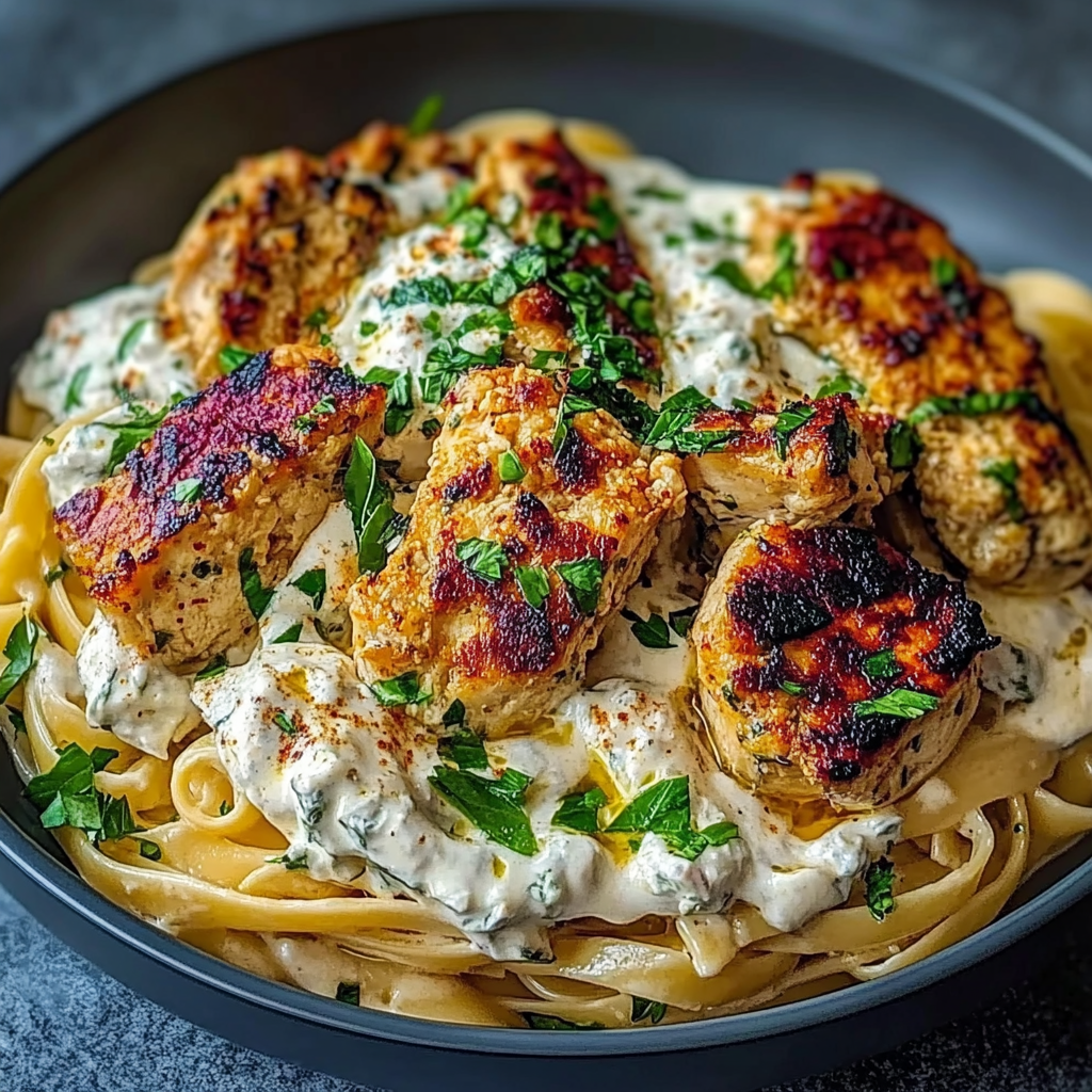 Recipe preparation for Spicy Whipped Feta Chicken Alfredo
