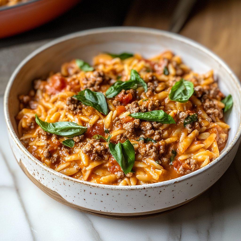 Recipe preparation for One Pot Ground Beef Orzo with Creamy Tomato Sauce