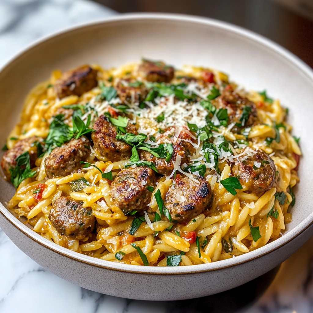 Recipe preparation for one pot Italian sausage orzo