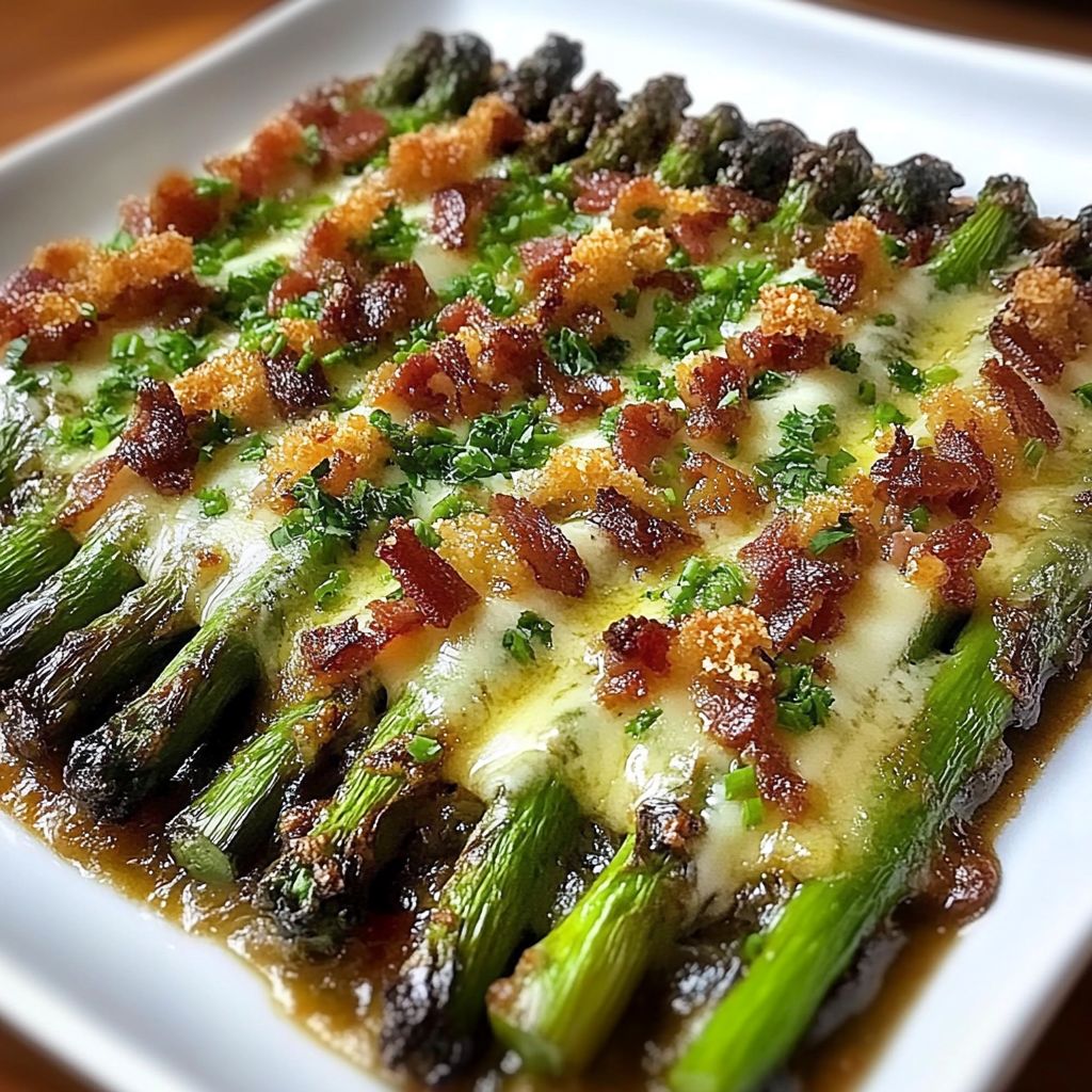 Recipe preparation for Oven-Roasted Asparagus with Asiago, Bacon, and Garlic