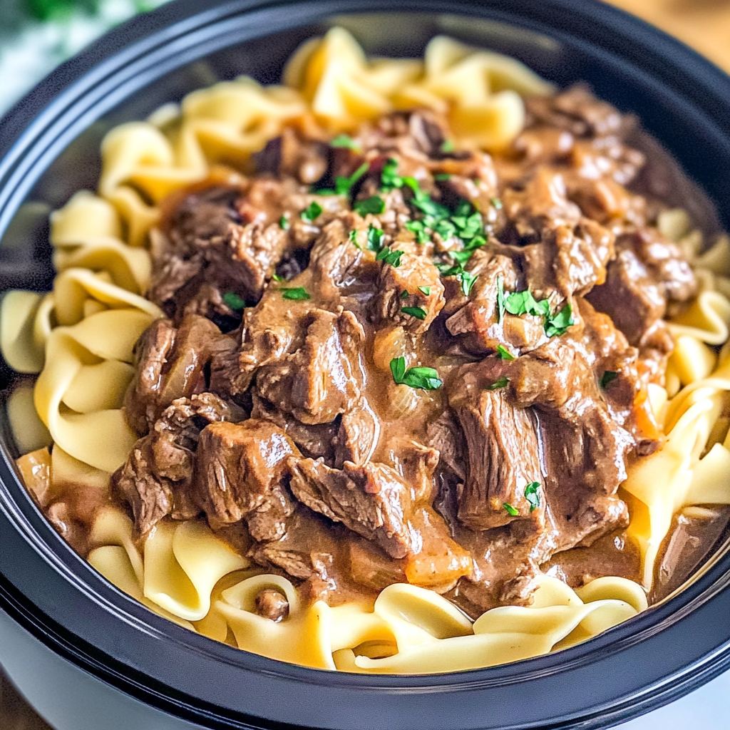 Recipe preparation for Tender Crockpot Beef Tips and Noodles