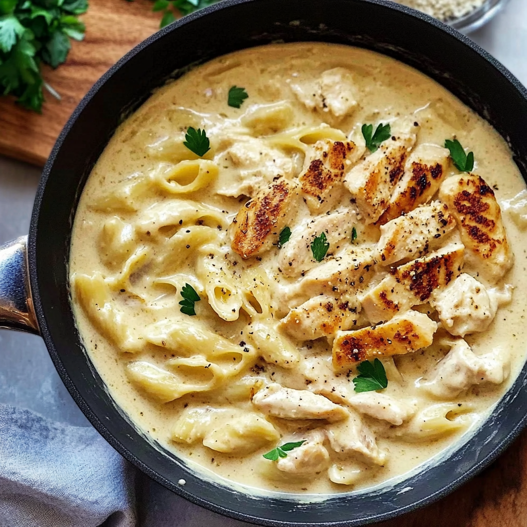 Recipe preparation for Creamy Chicken Garlic Parmesan Pasta