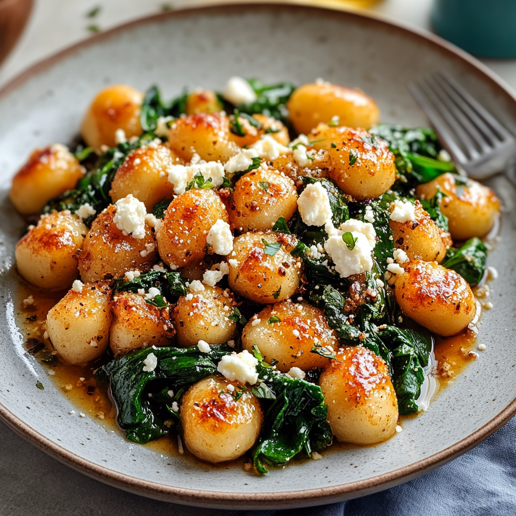 Recipe preparation for Crispy Gnocchi With Spinach And Feta