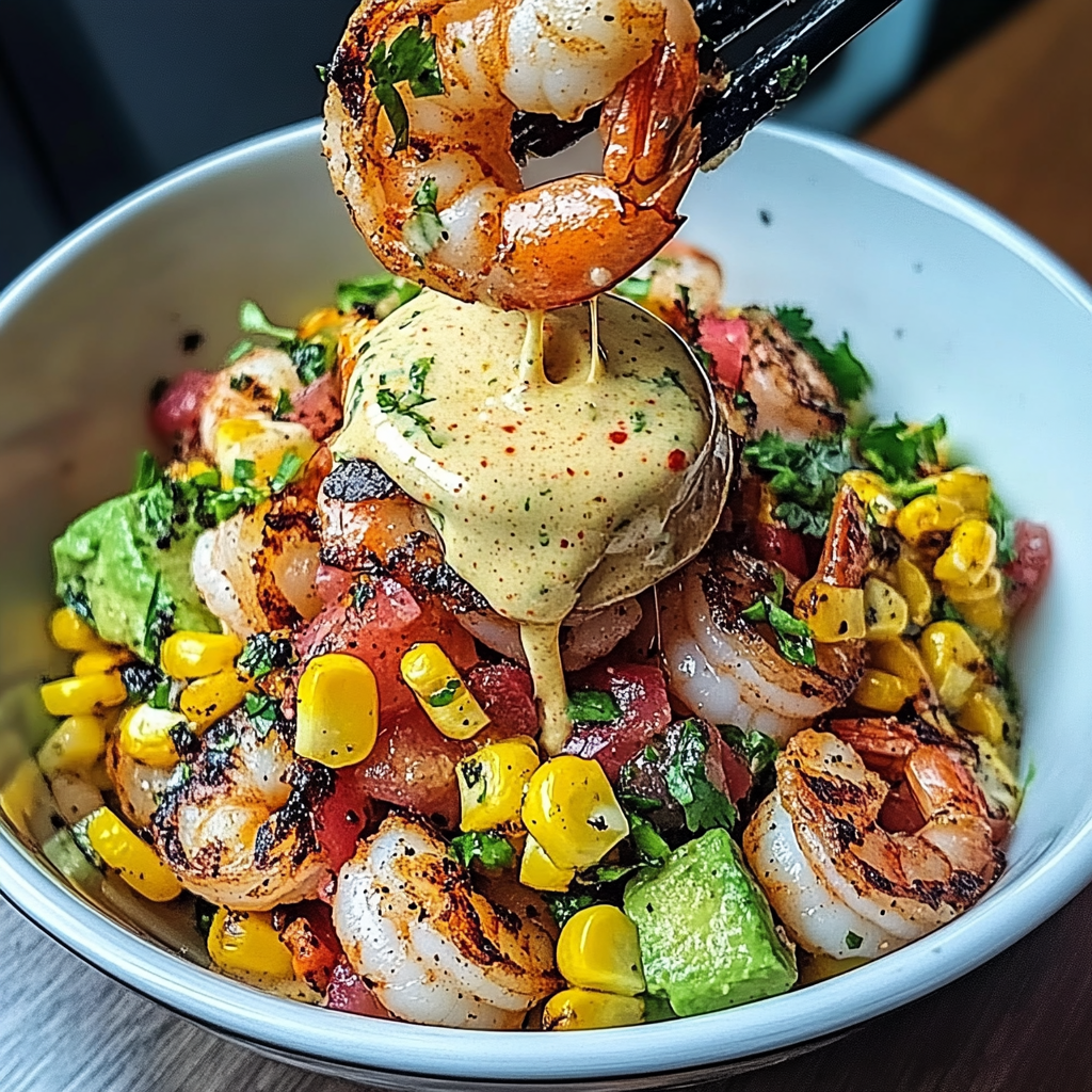 Recipe preparation for Grilled Shrimp Bowl with Avocado, Corn Salsa & Creamy Garlic Sauce