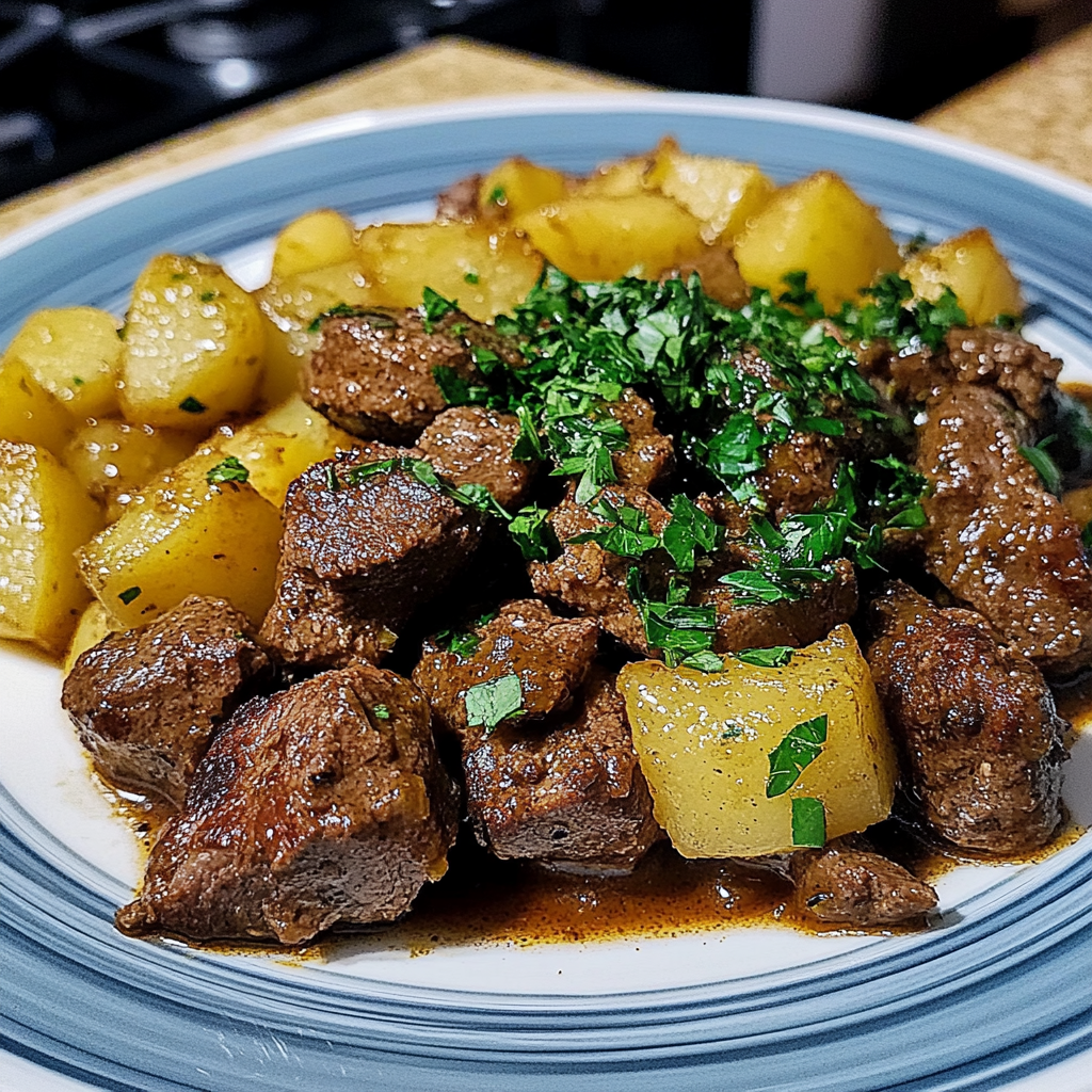 Recipe preparation for Slow Cooker Garlic Butter Steak Bites & Potatoes