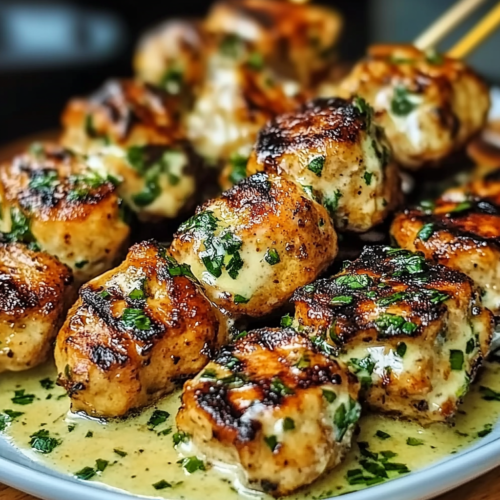 Recipe preparation for Delicious Grilled Chicken Bites with Creamy Garlic Sauce