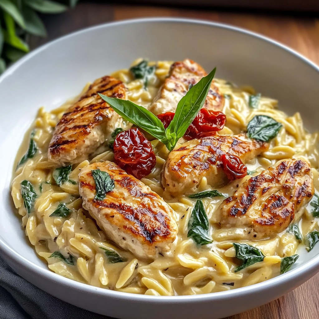 Recipe preparation for Slow Cooker Creamy Tuscan Chicken Orzo