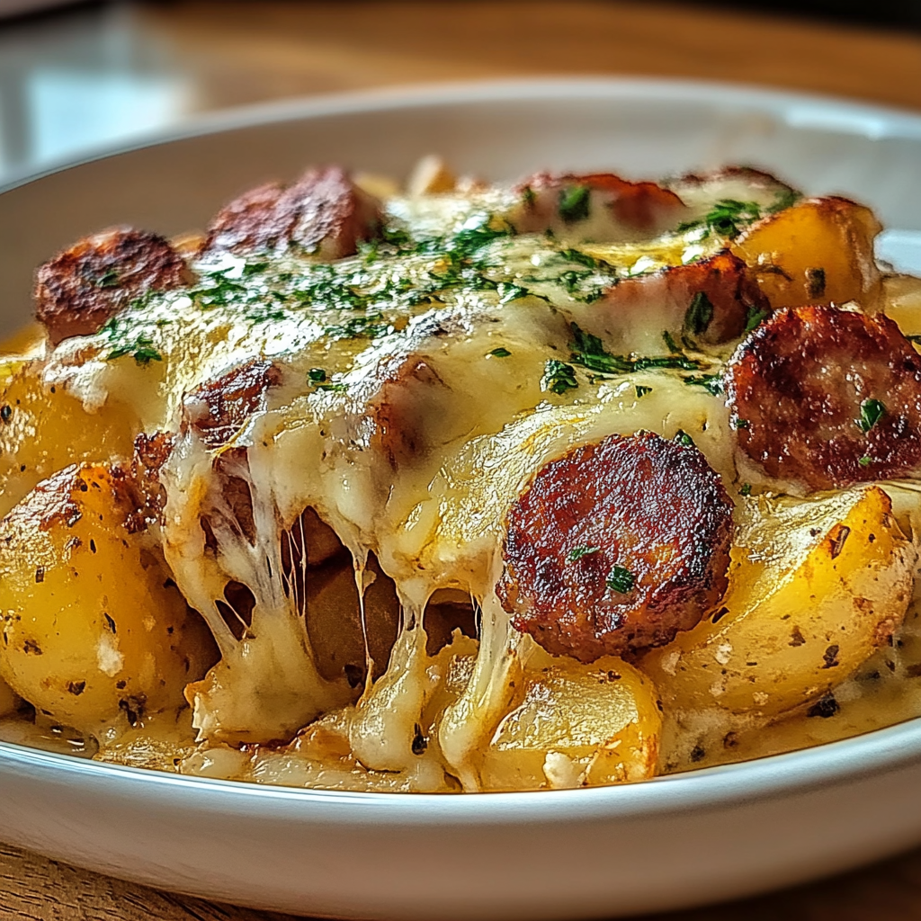 Recipe preparation for Cheesy Ranch Potatoes Sausage