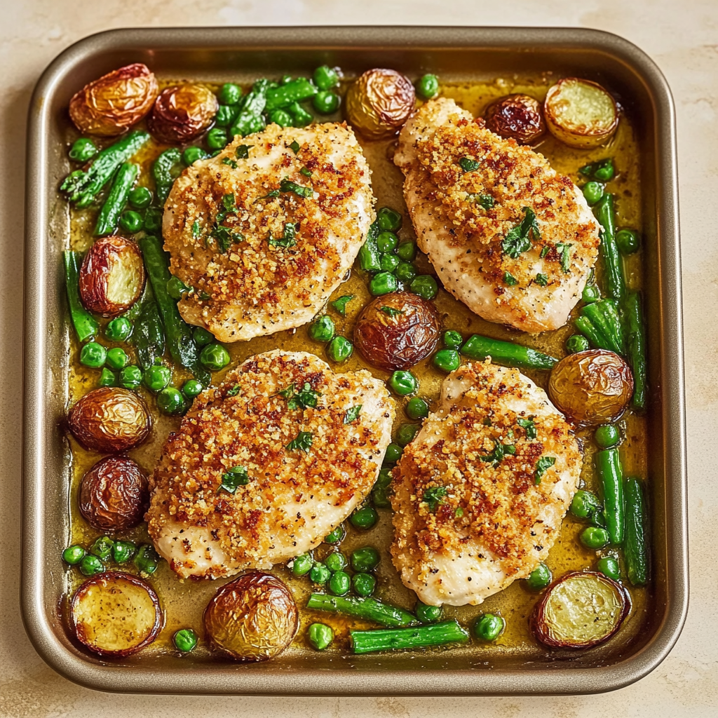 Recipe preparation for Parmesan Crusted Chicken Sheet Pan Dinner