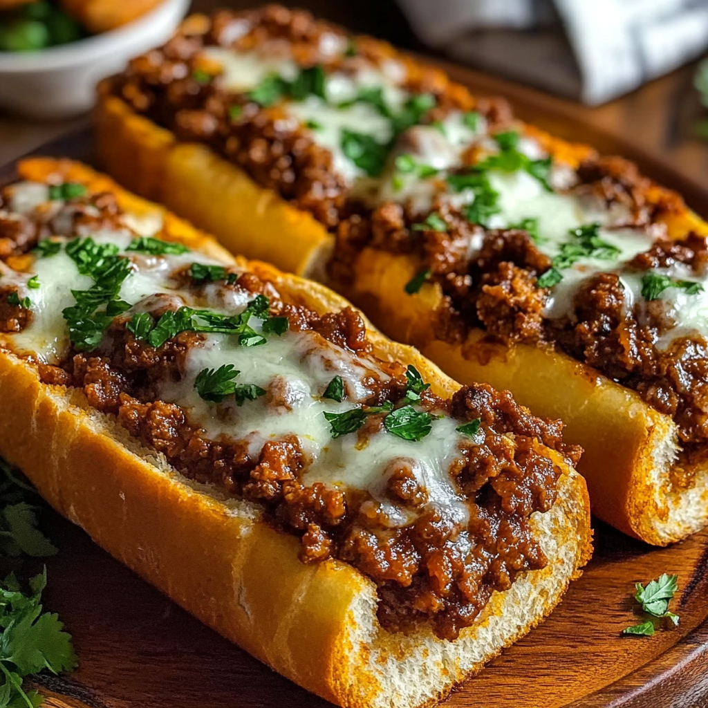 Recipe preparation for Sloppy Joe Garlic Bread