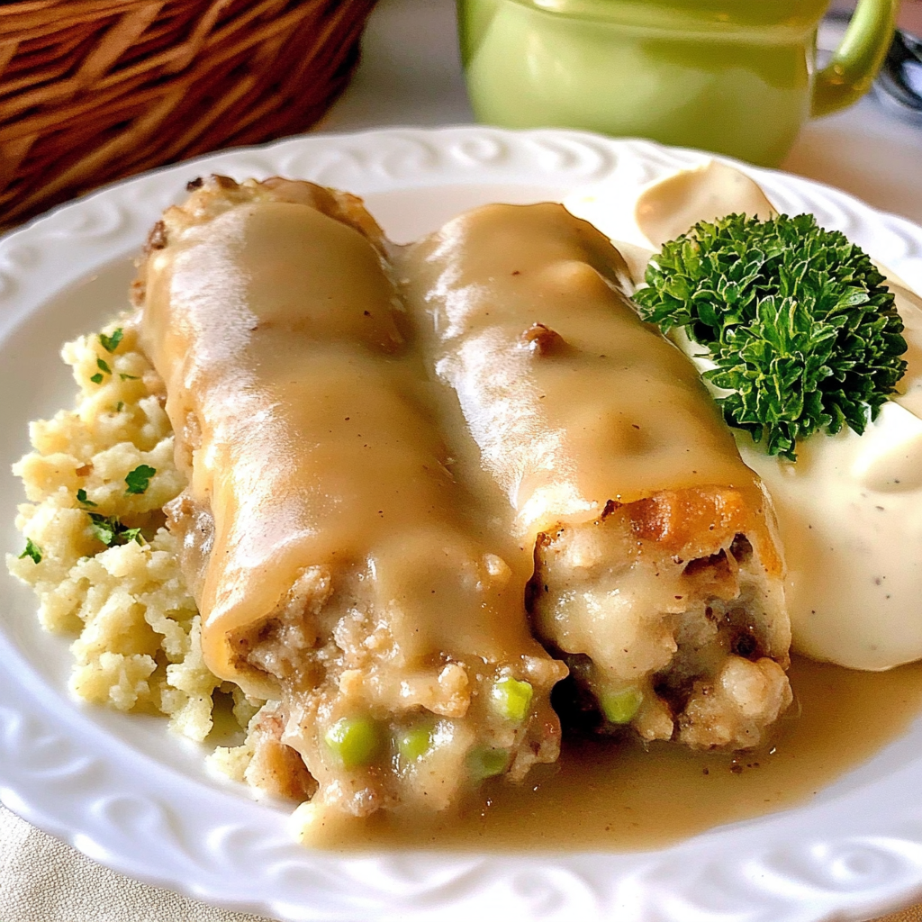 Recipe preparation for Turkey & Stuffing Roll Ups with Creamy Gravy