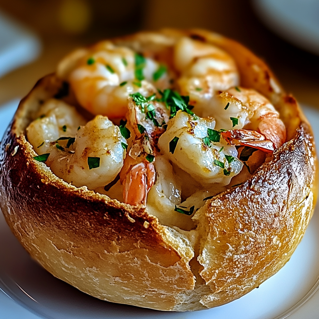 Recipe preparation for Stuffed Seafood Bread Bowl