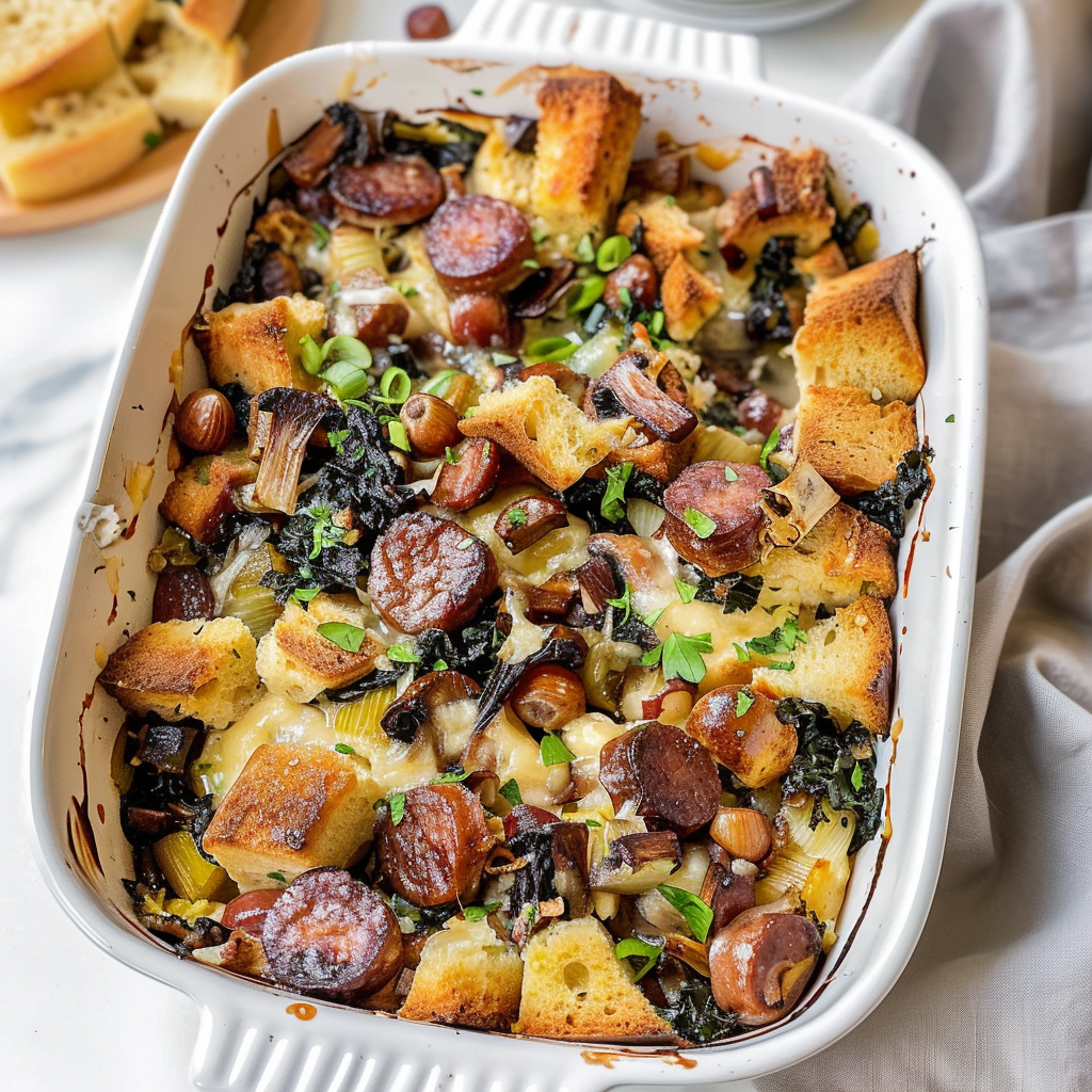 Recipe preparation for Rustic Sausage, Chestnut & Kale Stuffing Casserole
