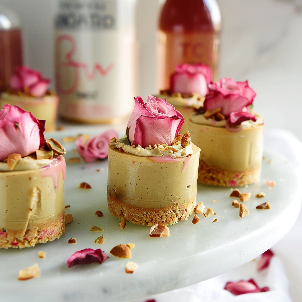 Recipe preparation for Mini pistachio-rose cheesecakes
