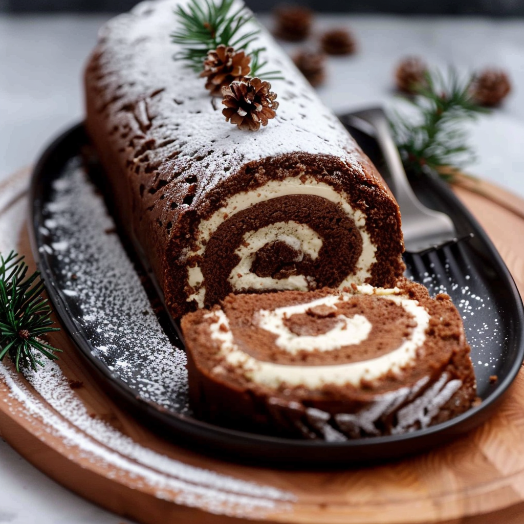 Recipe preparation for Yule log roulade with chestnut-coffee filling