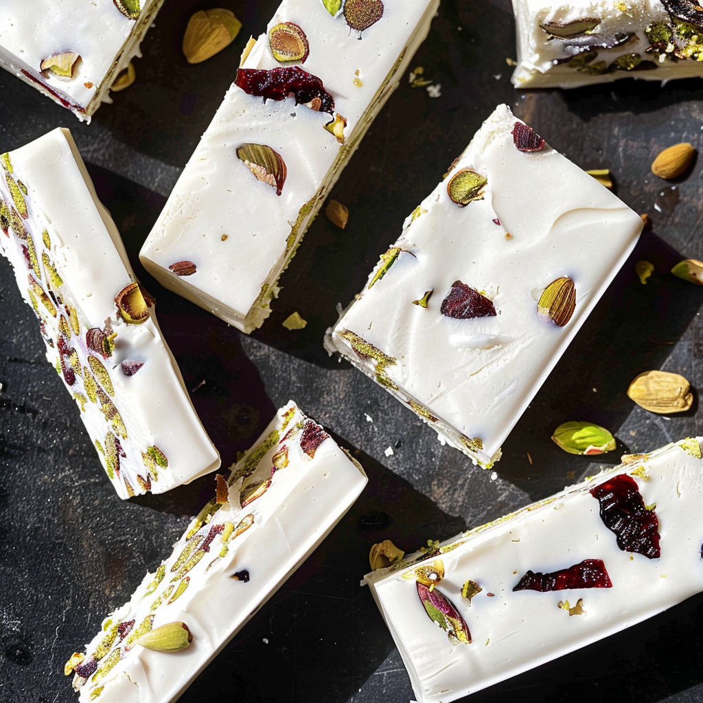 Recipe preparation for Pistachio nougat clusters with gold leaf