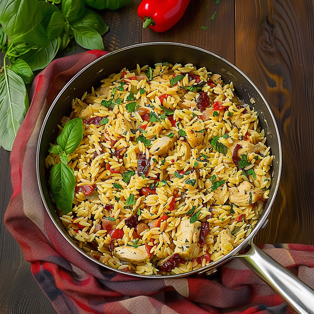 Recipe preparation for Creamy Sun-Dried Tomato Chicken Orzo