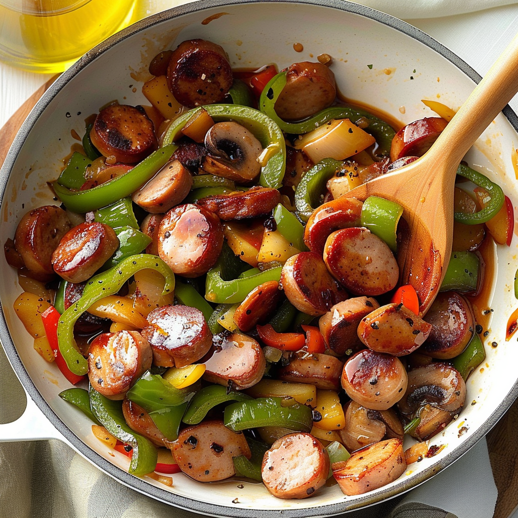 Recipe preparation for Maple Glazed Sausage & Apple Skillet