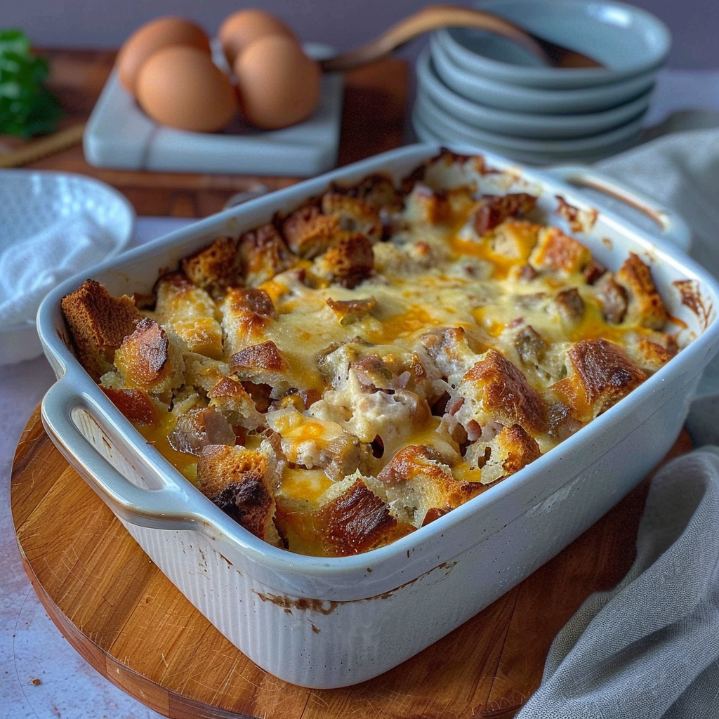 Recipe preparation for Classic Sausage and Herb Bread Pudding