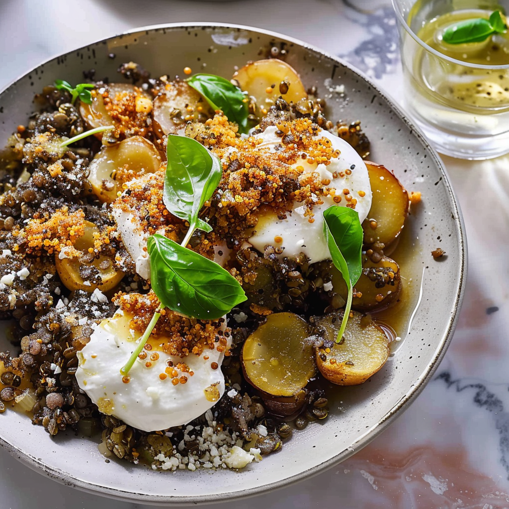 Recipe preparation for Vegan Lentil & Burrata Salad with Warm Lentils