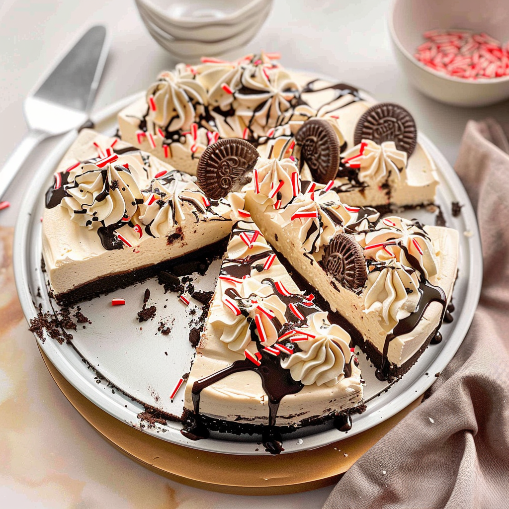 Recipe preparation for Peppermint Oreo Snowflake Cheesecake