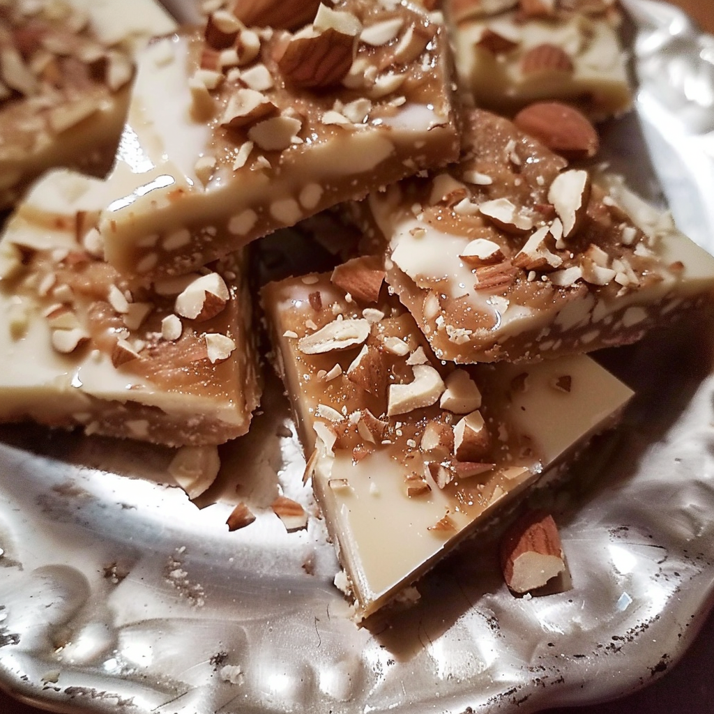 Recipe preparation for Snowy Almond White Chocolate Toffee