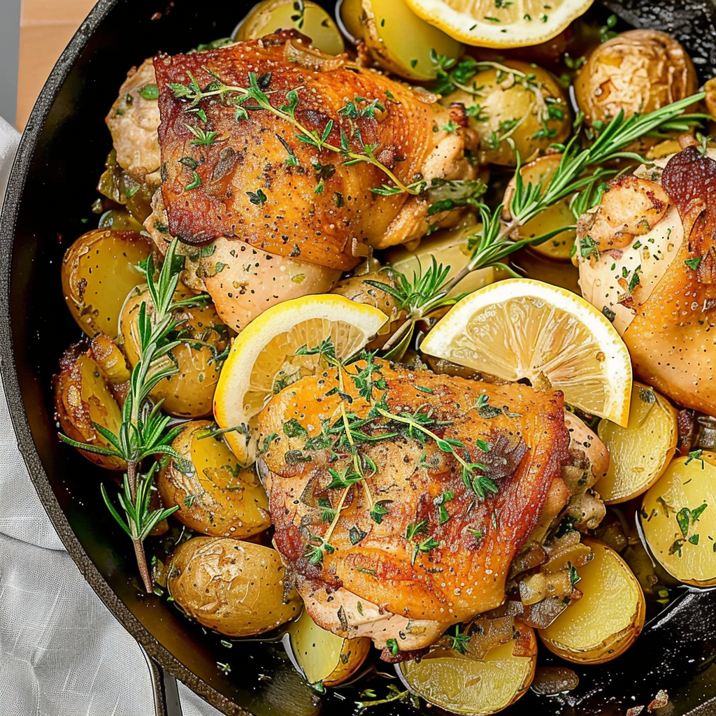 Recipe preparation for Creamy Lemon Chicken and Potatoes Skillet