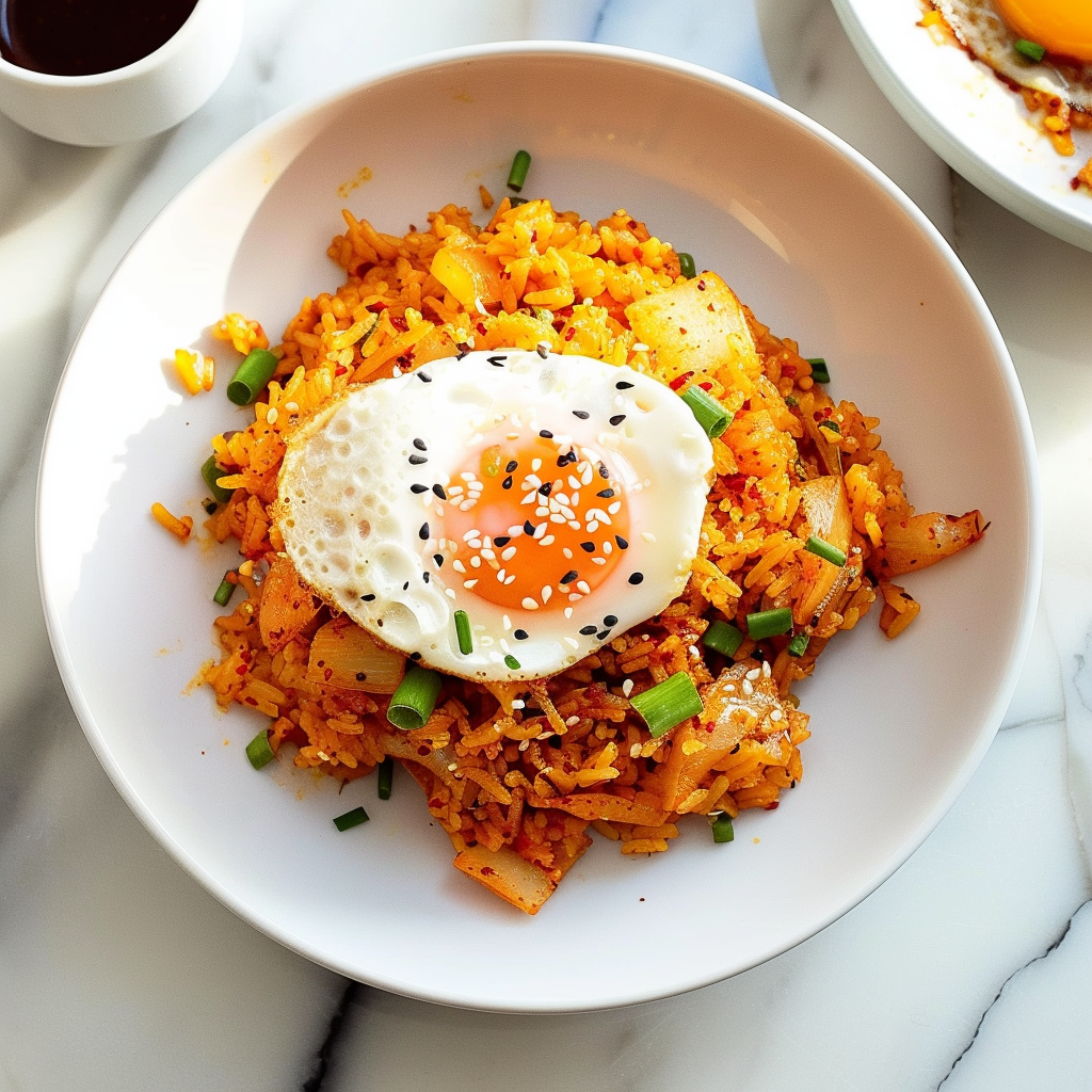 Recipe preparation for Kimchi Fried Rice with Fried Egg and Toasted Sesame Seeds