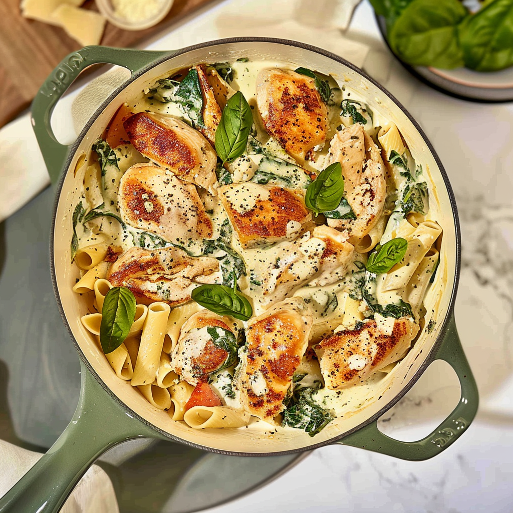 Recipe preparation for Creamy Spinach and Artichoke Chicken Pasta