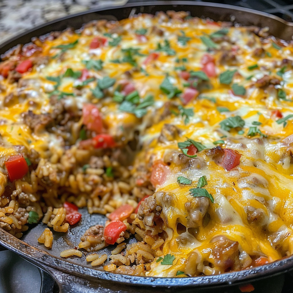 Recipe preparation for One-Pan Cheesy Beef Enchilada Rice Bake